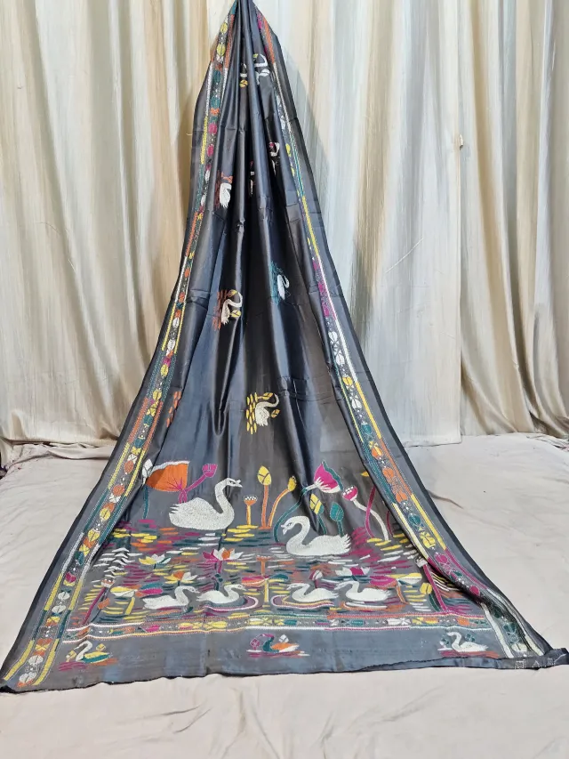 Premium Charcoal Black Blended Bangalore Silk Kantha Stitch Saree