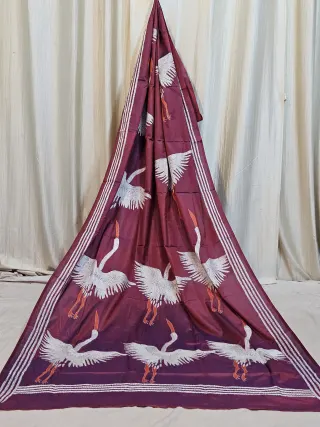 Premium Maroon Flying Crane Hand-Embroidered Kantha Stitch Silk Saree