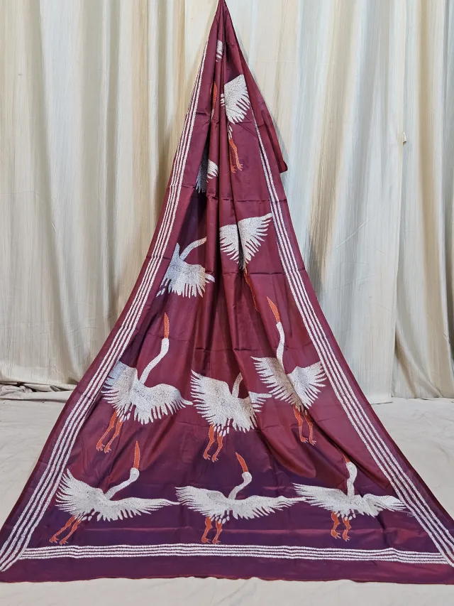 Premium Maroon Flying Crane Hand-Embroidered Kantha Stitch Silk Saree