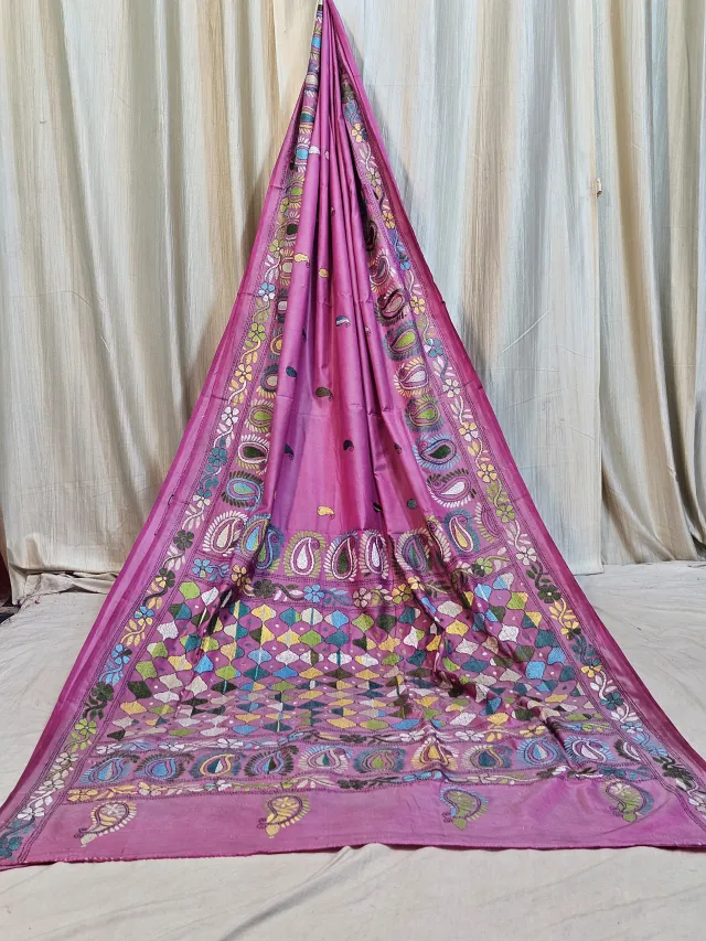 Premium Pink Blended Bangalore Silk Kantha Stitch Saree
