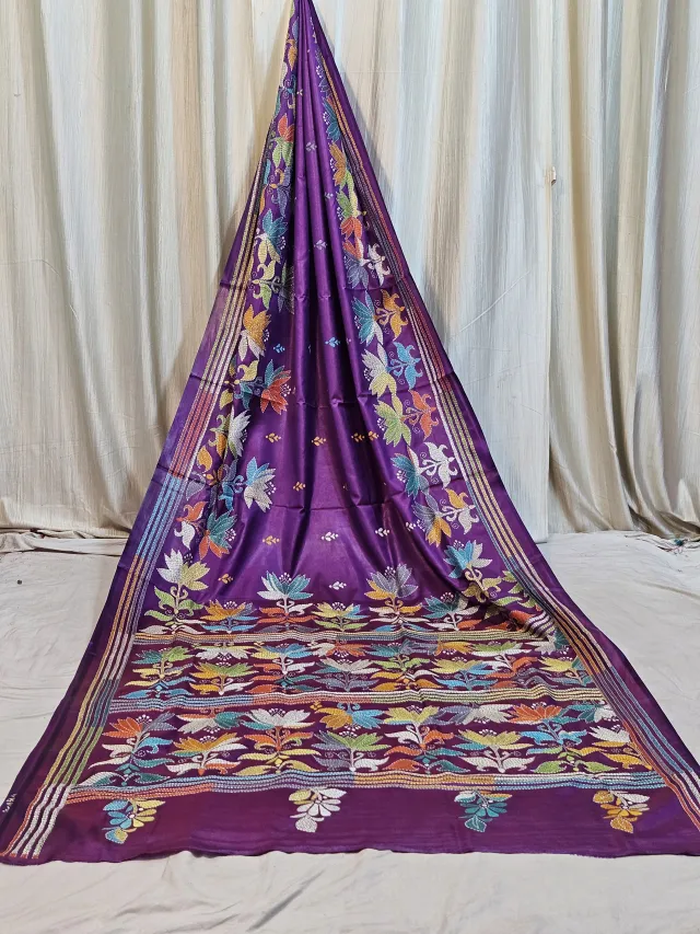Premium Violet Blended Bangalore Silk Kantha Stitch Saree