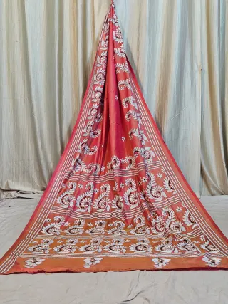 Premium Dual-Tone Orange Mustard Blended Bangalore Silk Kantha Stitch Saree