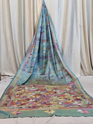 Premium Dual-Tone Sky Blue Mustard Blended Bangalore Silk Kantha Stitch Saree