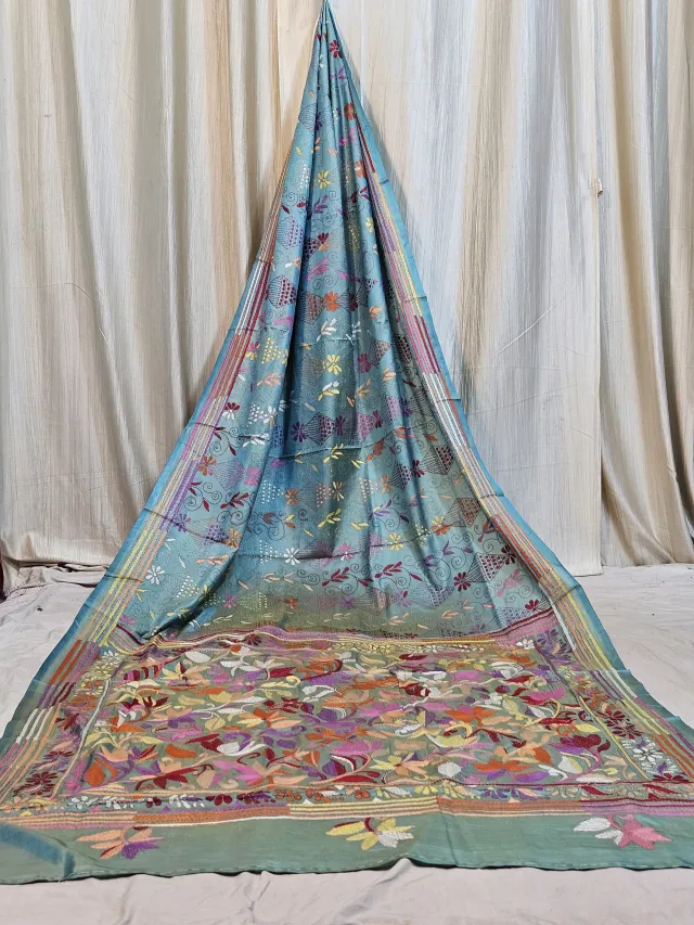 Premium Dual-Tone Sky Blue Mustard Blended Bangalore Silk Kantha Stitch Saree