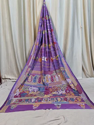 Premium Lavender Blended Bangalore Silk Kantha Stitch Saree — Purple