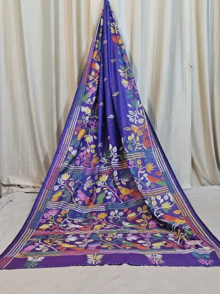 Premium Royal Blue Blended Bangalore Silk Kantha Stitch Saree