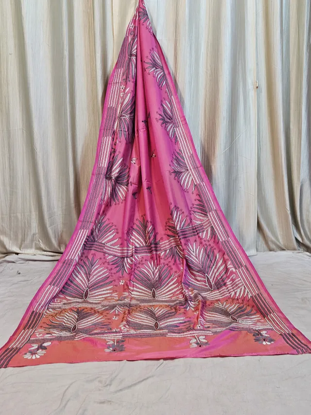 Premium Rani Pink Blended Bangalore Silk Kantha Stitch Saree