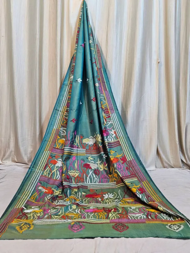 Premium Sky Blue Blended Bangalore Silk Kantha Stitch Saree