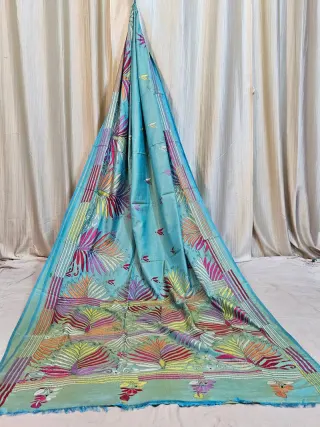Premium Dual-Tone Firoza Mustard Blended Bangalore Silk Kantha Stitch Saree — Blue
