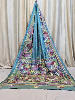 Premium Dual-Tone Sky Blue Yellow Blended Bangalore Silk Kantha Stitch Saree