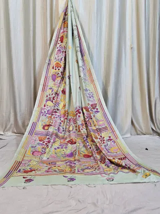 Premium Light Pista Green Blended Bangalore Silk Kantha Stitch Saree