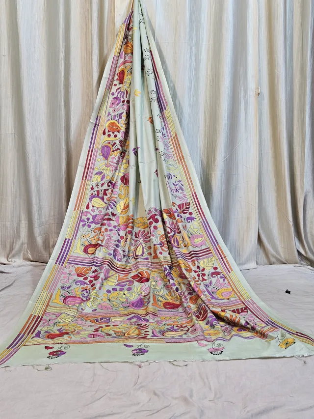 Premium Light Pista Green Blended Bangalore Silk Kantha Stitch Saree