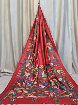 Premium Red Blended Bangalore Silk Kantha Stitch Saree
