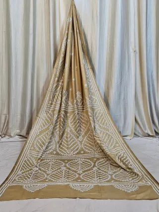 Premium Beige with White Gujarati Stitch Blended Bangalore Silk Saree
