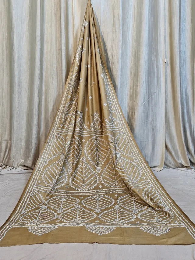 Premium Beige with White Gujarati Stitch Blended Bangalore Silk Saree