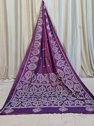 Premium Purple with White Gujrati Stitch Blended Bangalore Silk Saree
