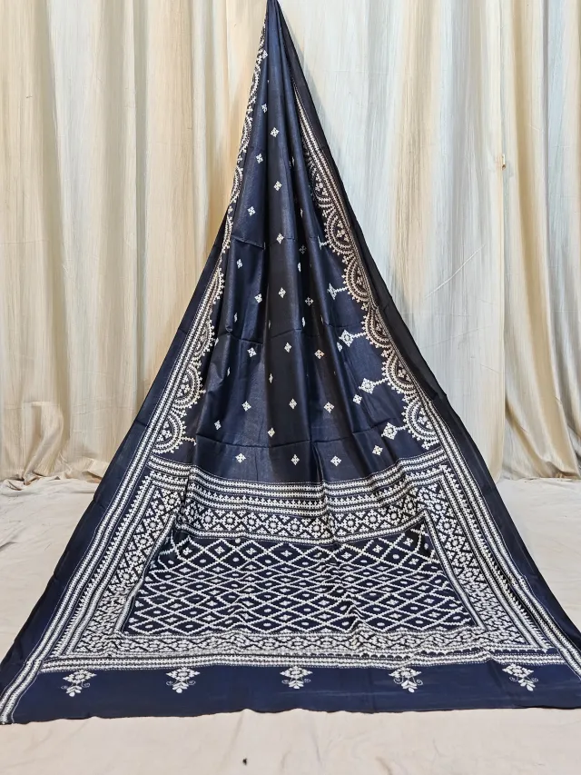 Premium Charcoal Black with White Gujrati Stitch Blended Bangalore Silk Saree