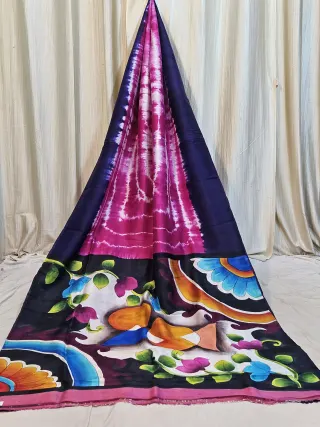 Premium Rani Pink with Navy Blue Border Shibori Handpainted Pure Murshidabad Silk Saree