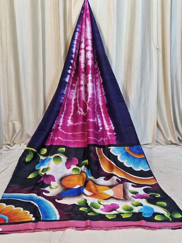 Premium Rani Pink with Navy Blue Border Shibori Handpainted Pure Murshidabad Silk Saree