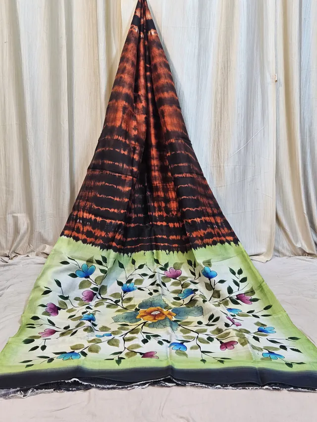 Premium Rust Orange with Charcoal Black Shibori Handpainted Pure Murshidabad Silk Saree