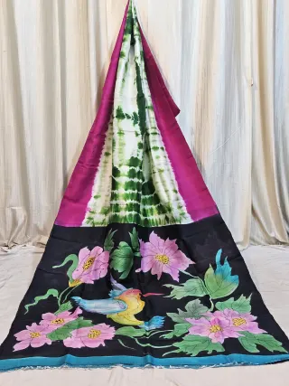 Premium Bottle Green and Off-White Shibori Handpainted Pure Murshidabad Silk Saree