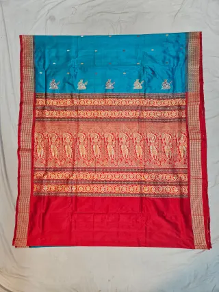 Premium Turquoise Blue with Red & Gold Bomkai Pure Mulberry Silk Saree