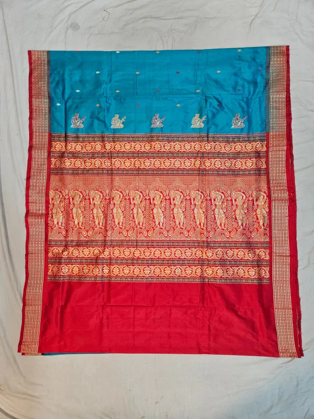 Premium Turquoise Blue with Red & Gold Bomkai Pure Mulberry Silk Saree