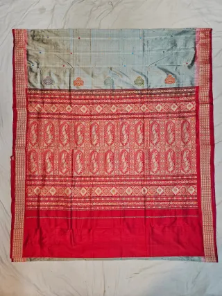 Premium Silver Grey with Red Border Bomkai Pure Mulberry Silk Saree