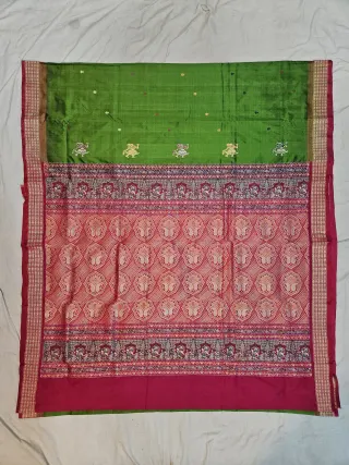Premium Green with Red Border Bomkai Pure Mulberry Silk Saree