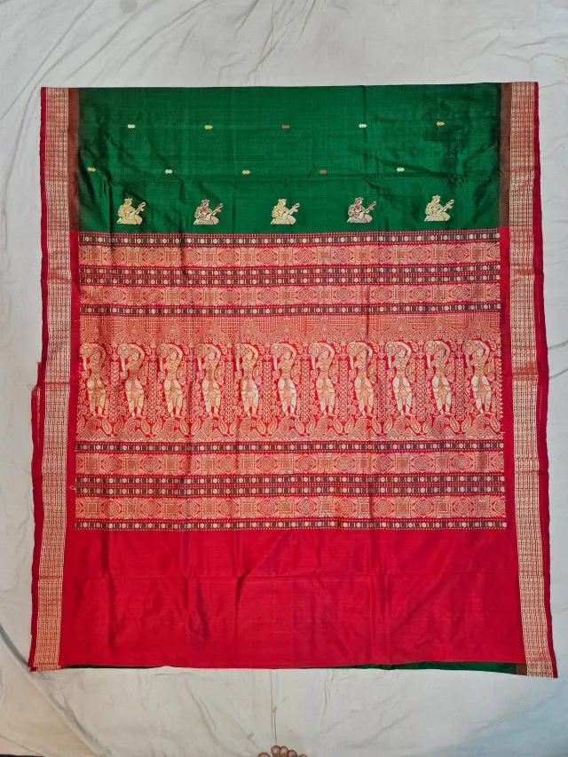 Premium Bottle Green with Red Border Bomkai Pure Mulberry Silk Saree