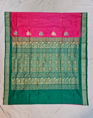 Premium Rani Pink with Bottle Green Border Bomkai Pure Mulberry Silk Saree