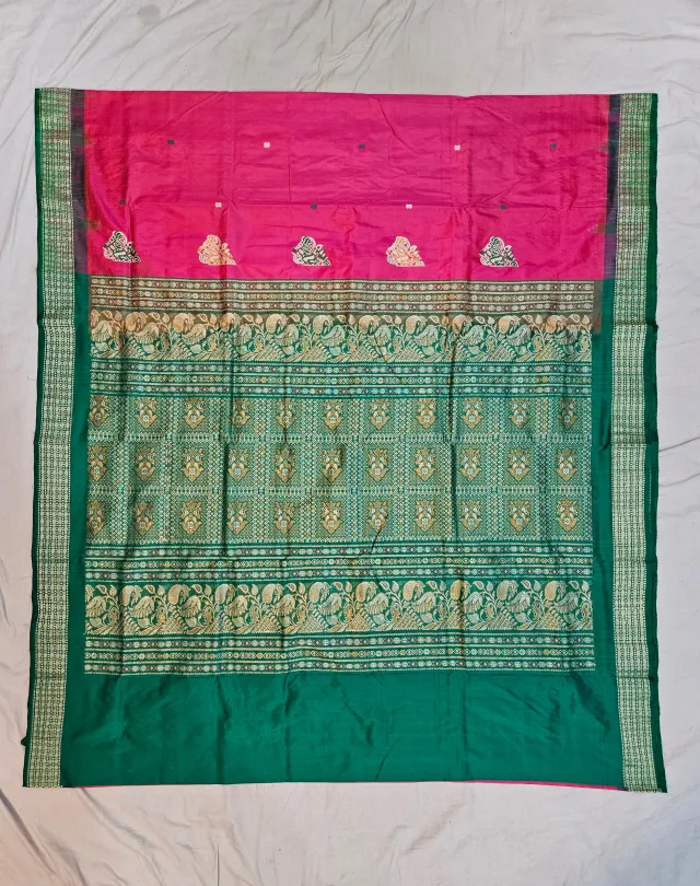 Premium Rani Pink with Bottle Green Border Bomkai Pure Mulberry Silk Saree