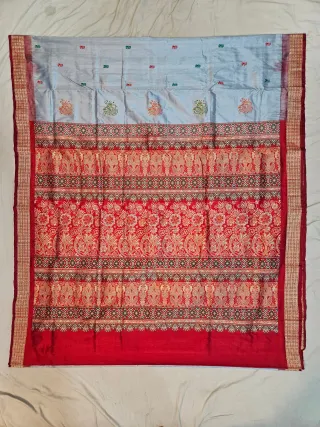 Premium Steel Grey with Red Border Bomkai Pure Mulberry Silk Saree