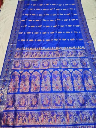 Premium Royal Blue Swarnachuri Pure Bishnupur Silk Saree with Red Meena