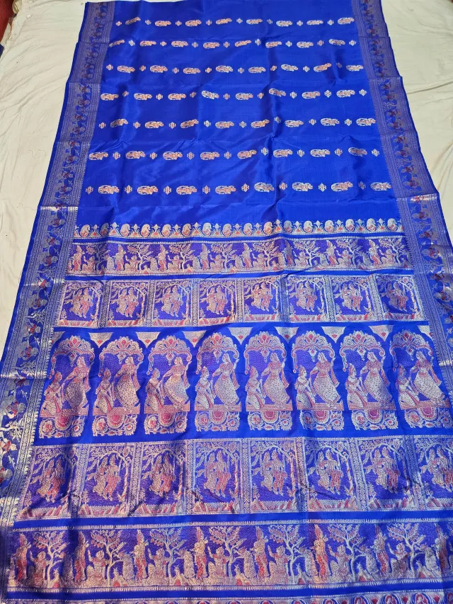Premium Royal Blue Swarnachuri Pure Bishnupur Silk Saree with Red Meena