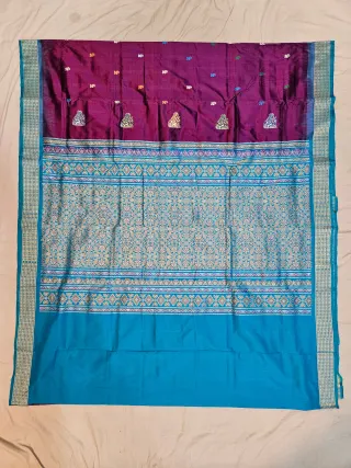 Premium Magenta with Teal Blue Border Bomkai Pure Mulberry Silk Saree