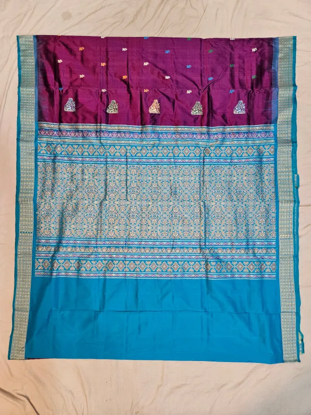 Premium Magenta with Teal Blue Border Bomkai Pure Mulberry Silk Saree