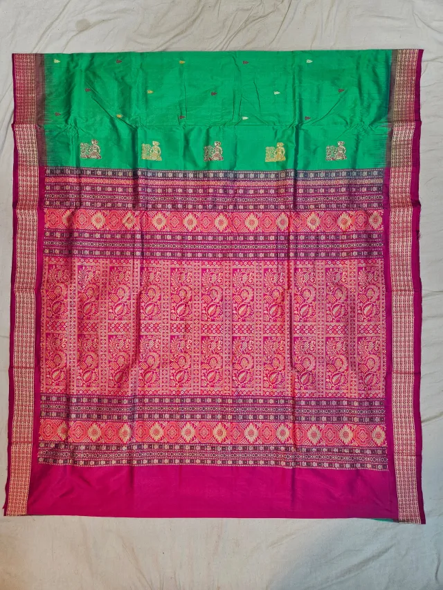 Premium Dual Tone Sea Green Bomkai Pure Mulberry Silk Saree