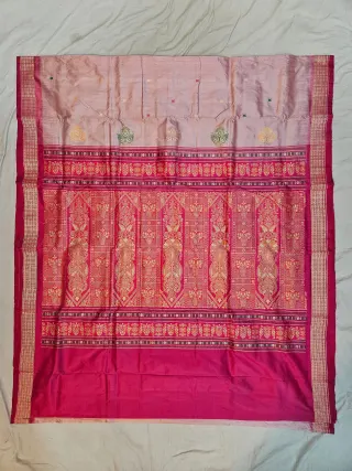 Premium Chandan with Rani Pink Border Bomkai Pure Mulberry Silk Saree