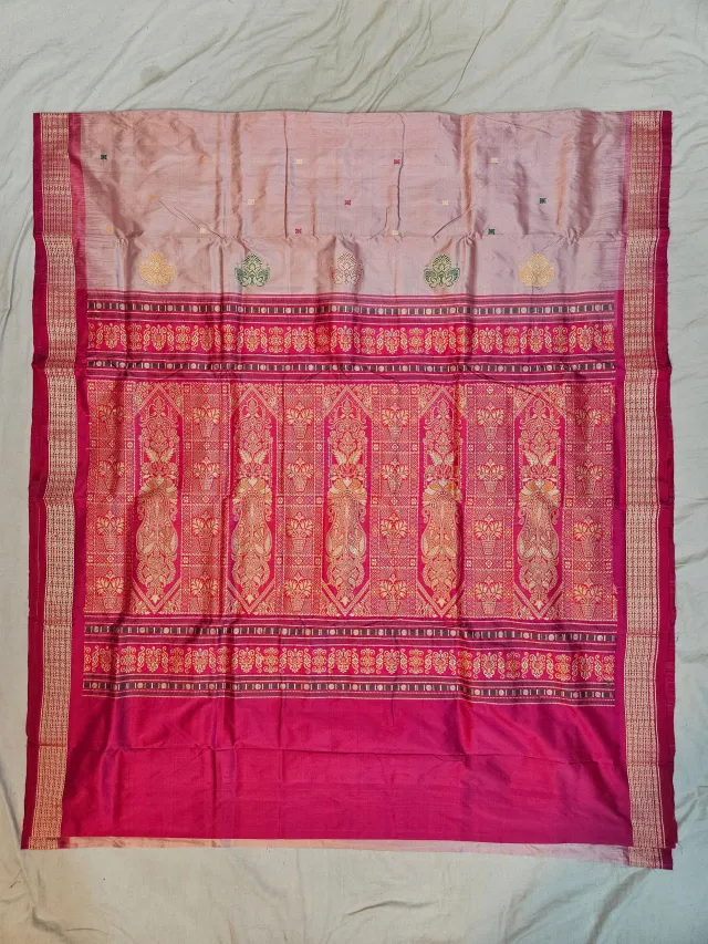 Premium Chandan with Rani Pink Border Bomkai Pure Mulberry Silk Saree