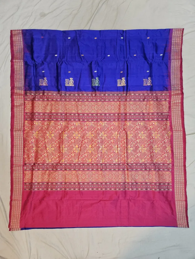 Premium Royal Blue with Rani Pink Border Bomkai Pure Mulberry Silk Saree