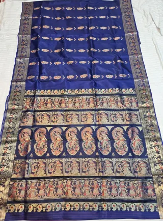 Premium Deep Navy Blue Swarnachuri Pure Bishnupur Silk Saree
