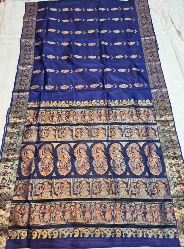 Premium Deep Navy Blue Swarnachuri Pure Bishnupur Silk Saree