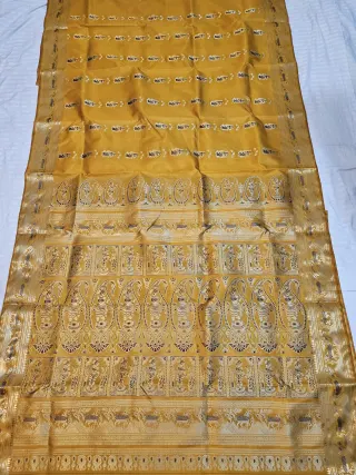Premium Mustard Yellow with Chocolate Meena Swarnachuri Pure Bishnupur Silk Saree
