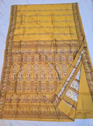 Premium Mustard Yellow Baluchari Pure Bishnupur Silk Saree