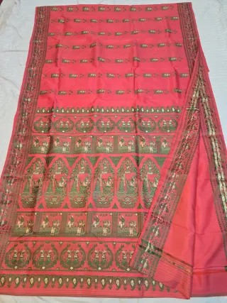 Premium Coral Red Baluchari Pure Bishnupur Silk Saree