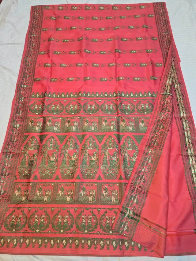 Premium Coral Red Baluchari Pure Bishnupur Silk Saree