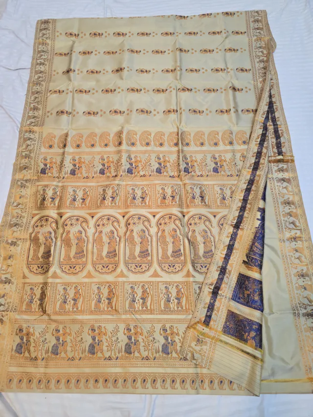 Premium Cream Colored Baluchari Pure Bishnupur Silk Saree