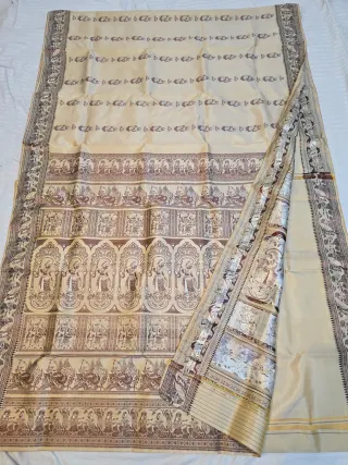 Premium Cream Baluchari Pure Bishnupur Silk Saree