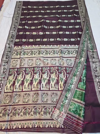 Premium Chocolate Brown Baluchari Pure Bishnupur Silk Saree